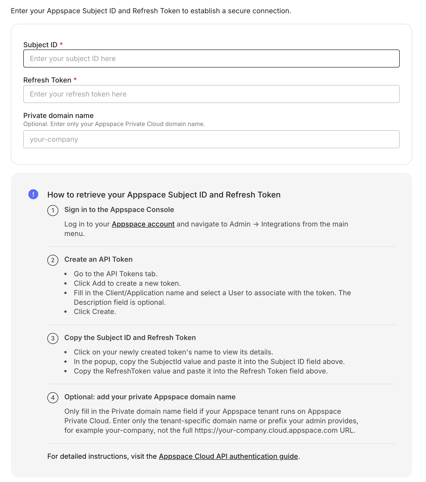 Appspace connector settings page in Xyte