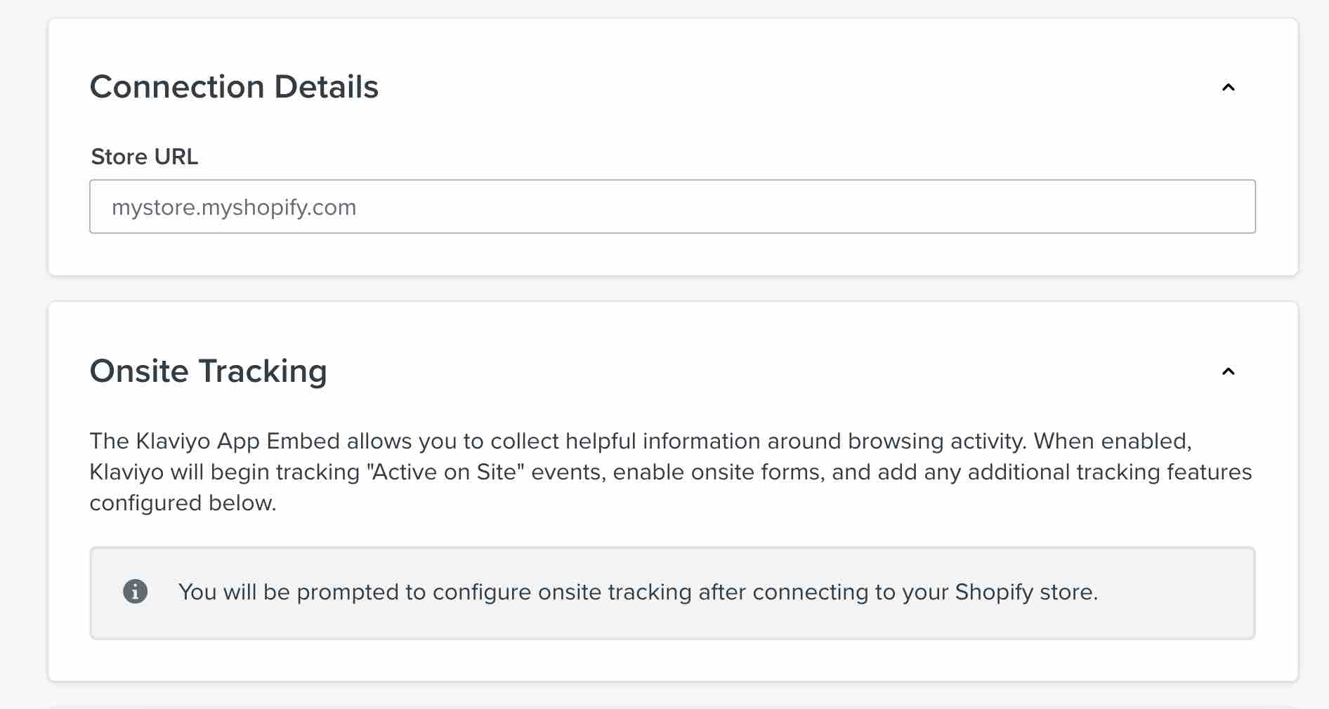 Shopify integration settings page in Klaviyo showing connection details including Store URL and Onsite tracking