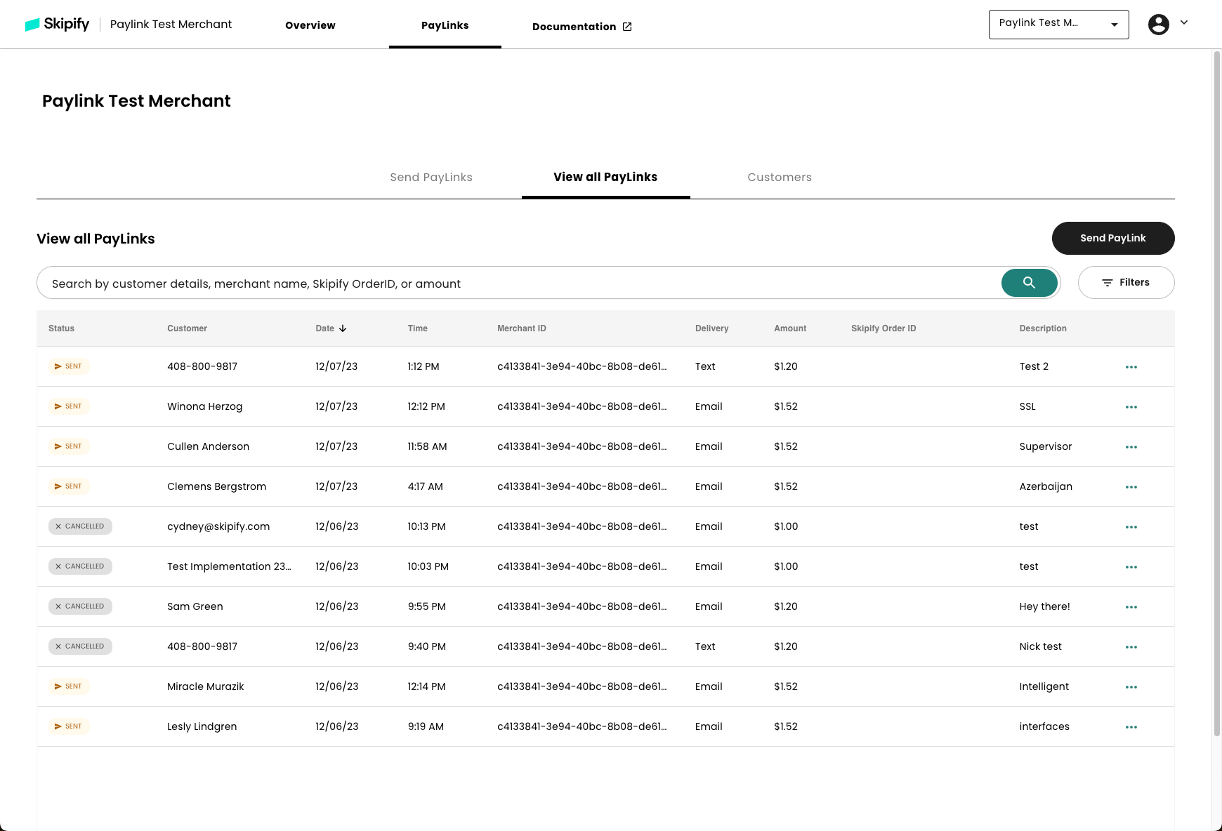 Image of the View All PayLinks page within the Merchant Portal