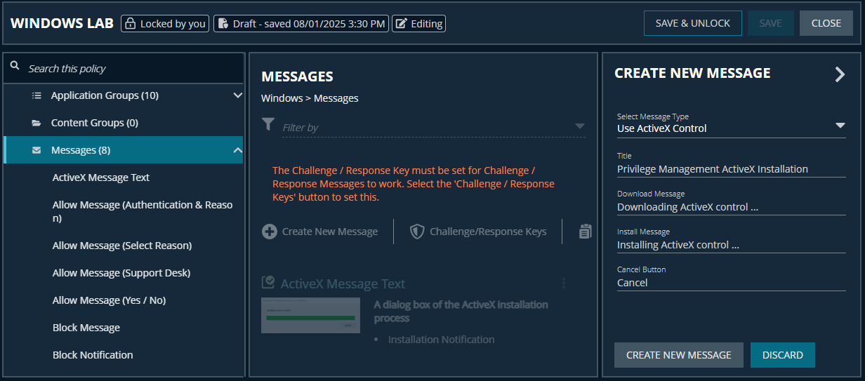 Settings for creating an ActiveX Control message