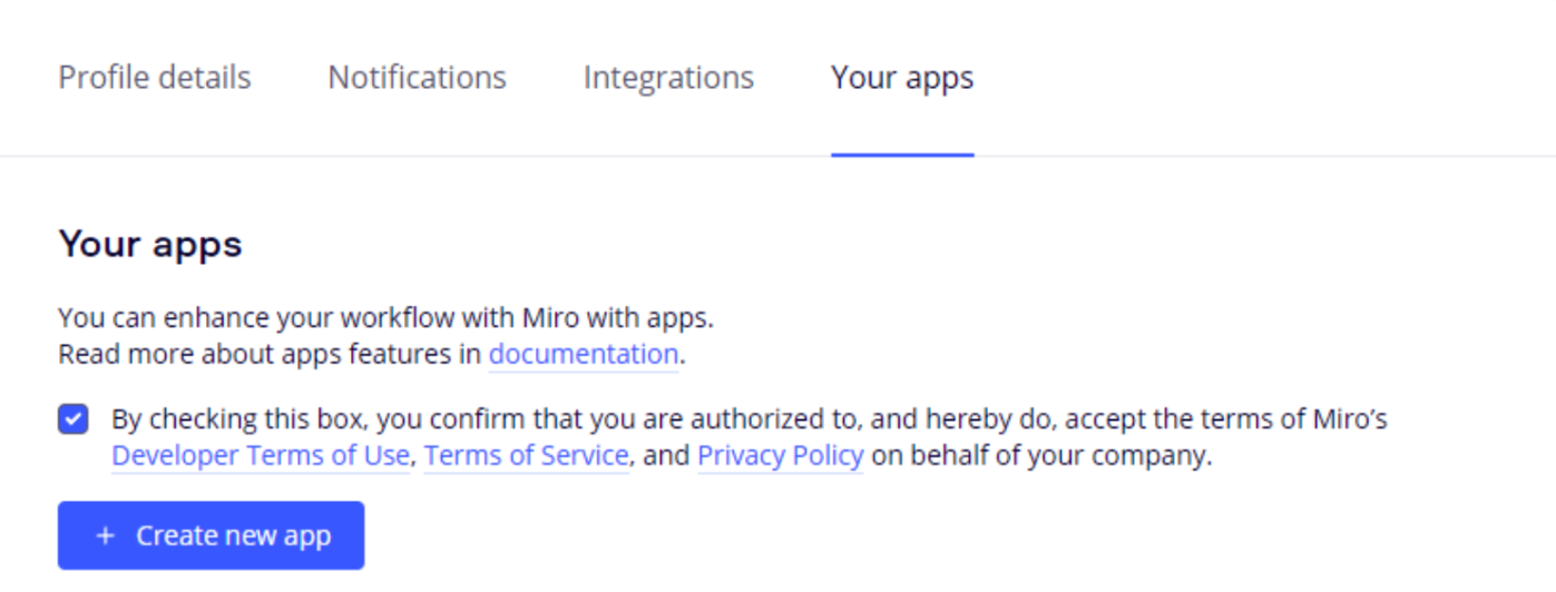 Figure 5. Your apps are a with a checkbox for accepting terms and the + Create new app button.