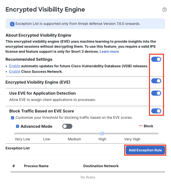 Encrypted Visibility Engine settings