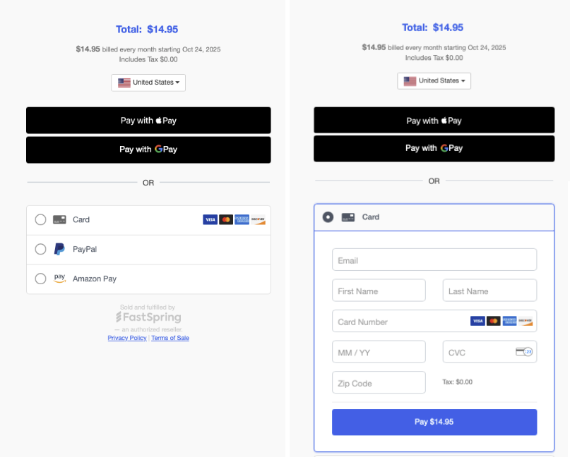 Stacked View checkout showing express payment options on the left and standard payment accordions on the right
