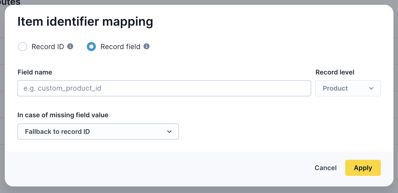 Item identifier mapping dialog in Bloomreach Data hub, showing options to select record ID or a custom record field as the item identifier.
