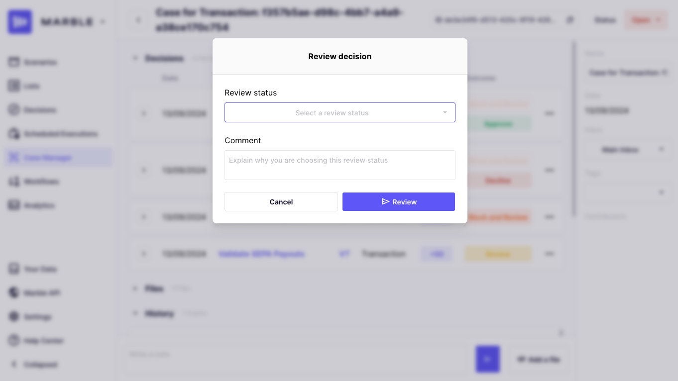 Review decision modal to keep an audit trace message