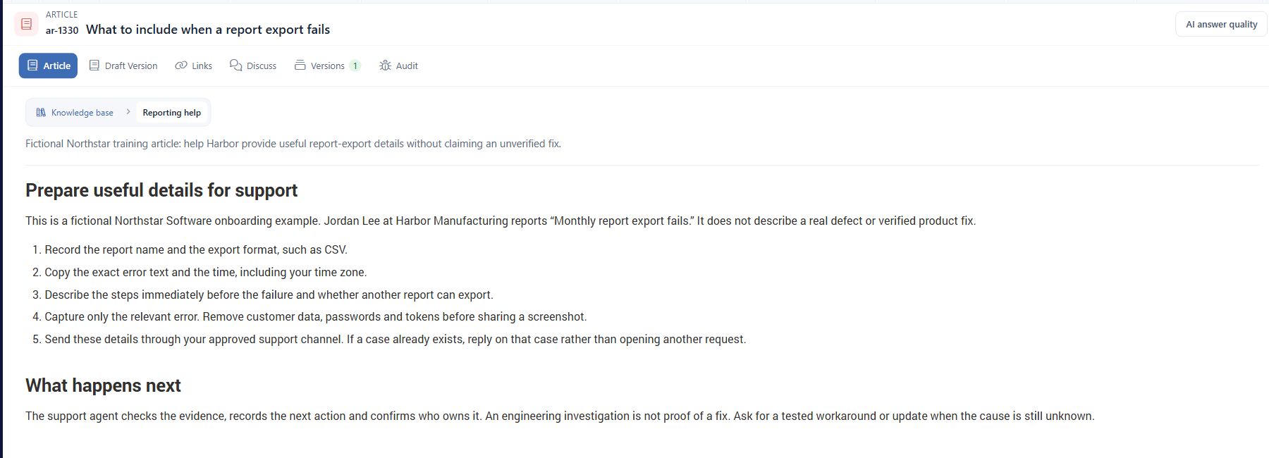 Saved Northstar report-export starter article in the agent reader