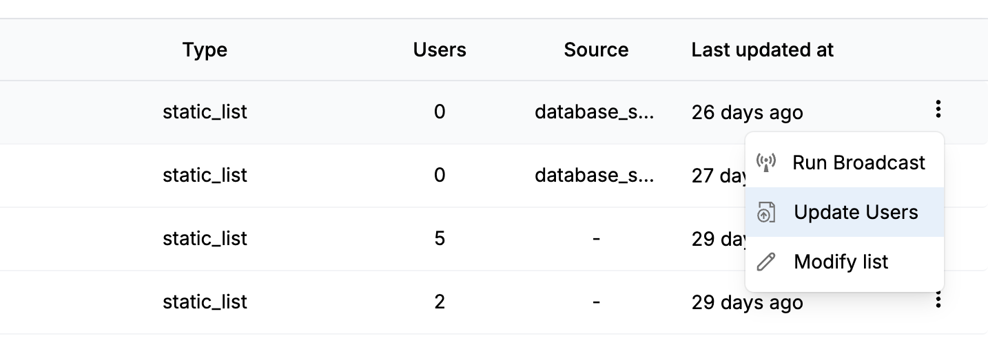 Updating users directly from the list page. List source should be **"database_sync"** here