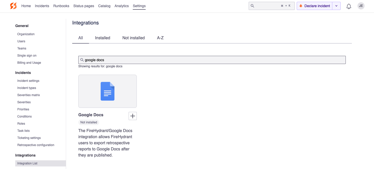 Google Docs tile on the integrations page