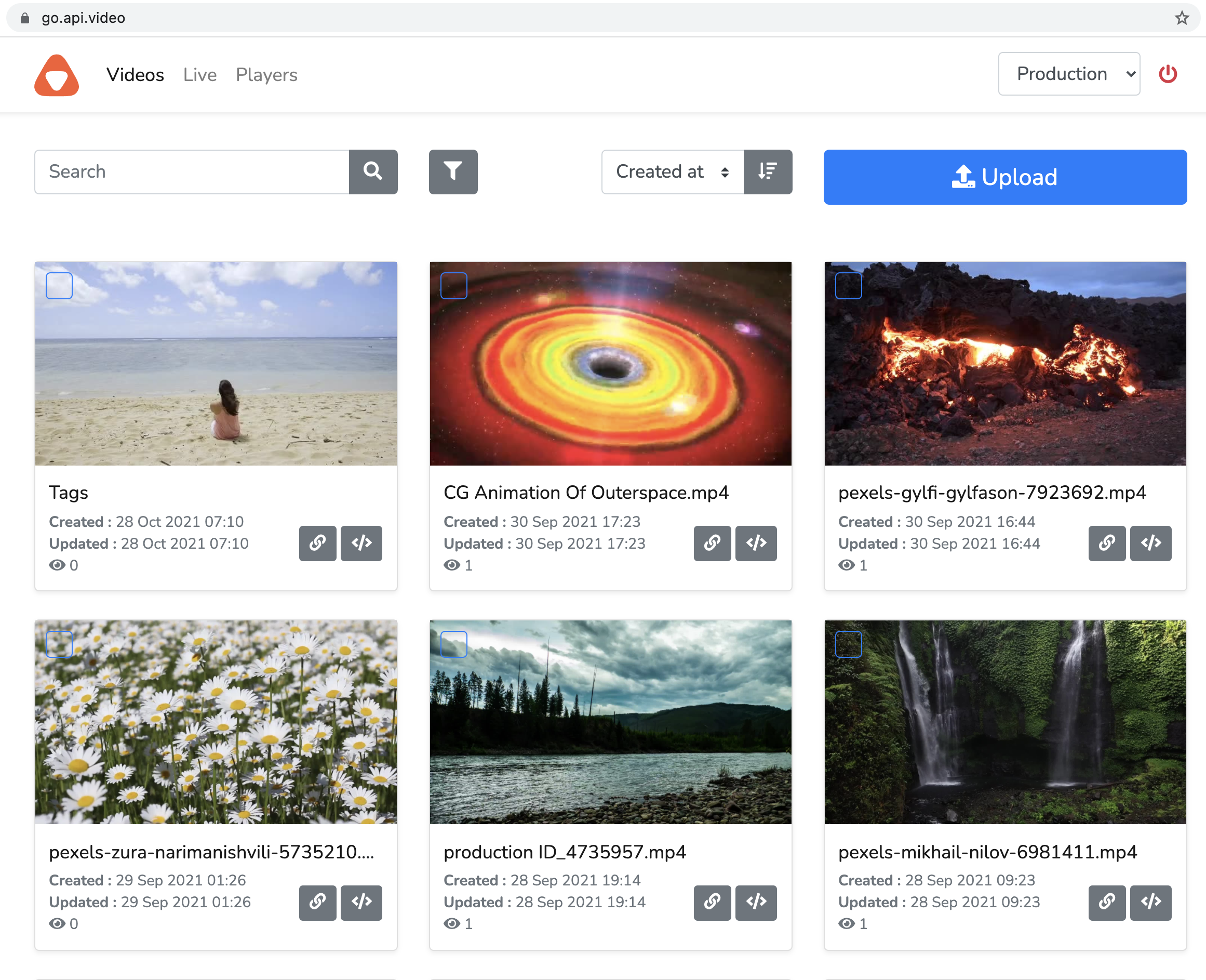 api.video-video-management-system.png The content panel allows you to upload and manage the videos and live streams from your browser