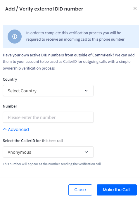 Screenshot of the **Add/Verify external DID number** verification dialog