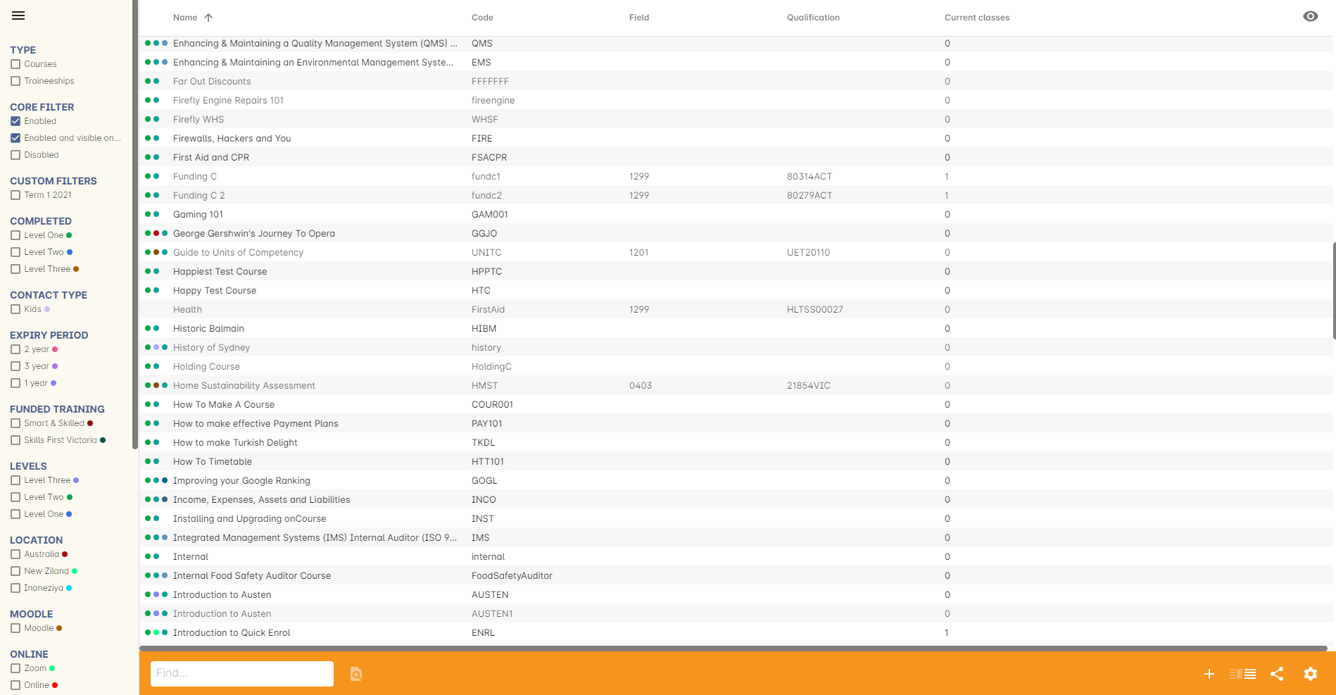 The course list view showing the core filters and tag filters