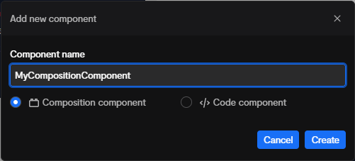 Add new component modal with component name and Composition selected