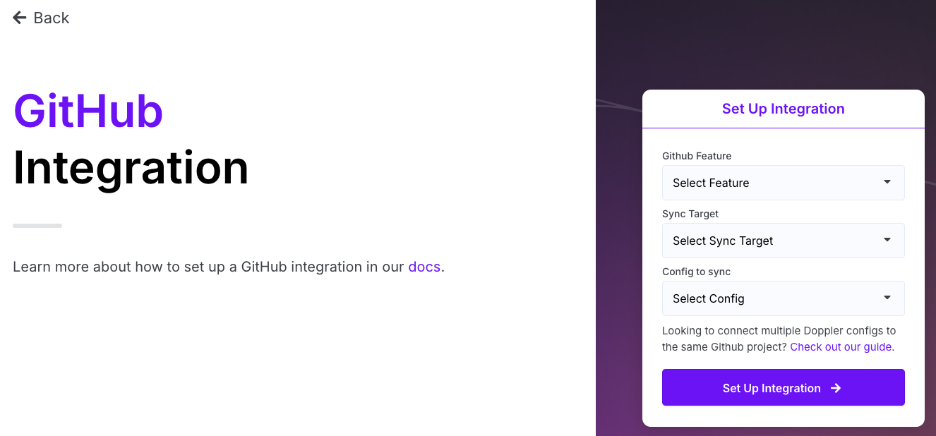 Screenshot of Doppler's set up integration UI for github