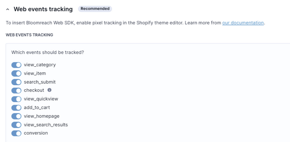 Web Events Tracking configuration panel showing toggles for view_category, view_item, search_submit, checkout, view_quickview, add_to_cart, view_homepage, and view_search_results