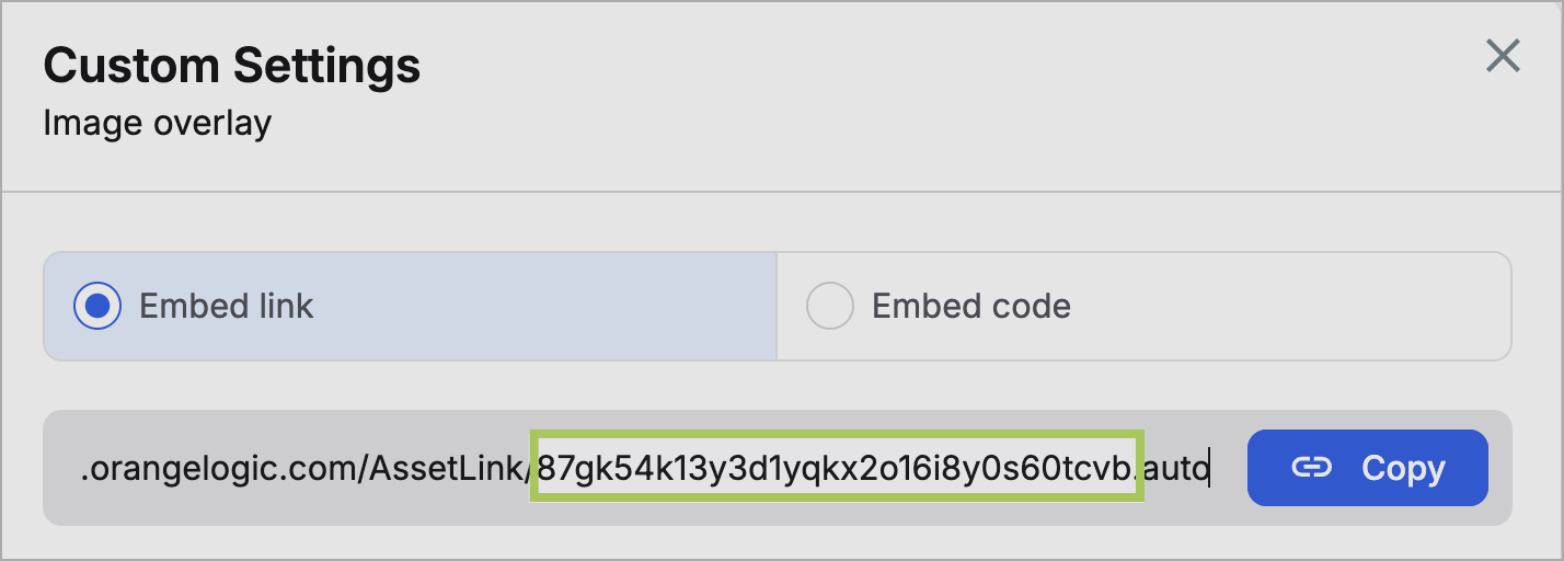 Asset key in an embed link in the Orange Logic interface