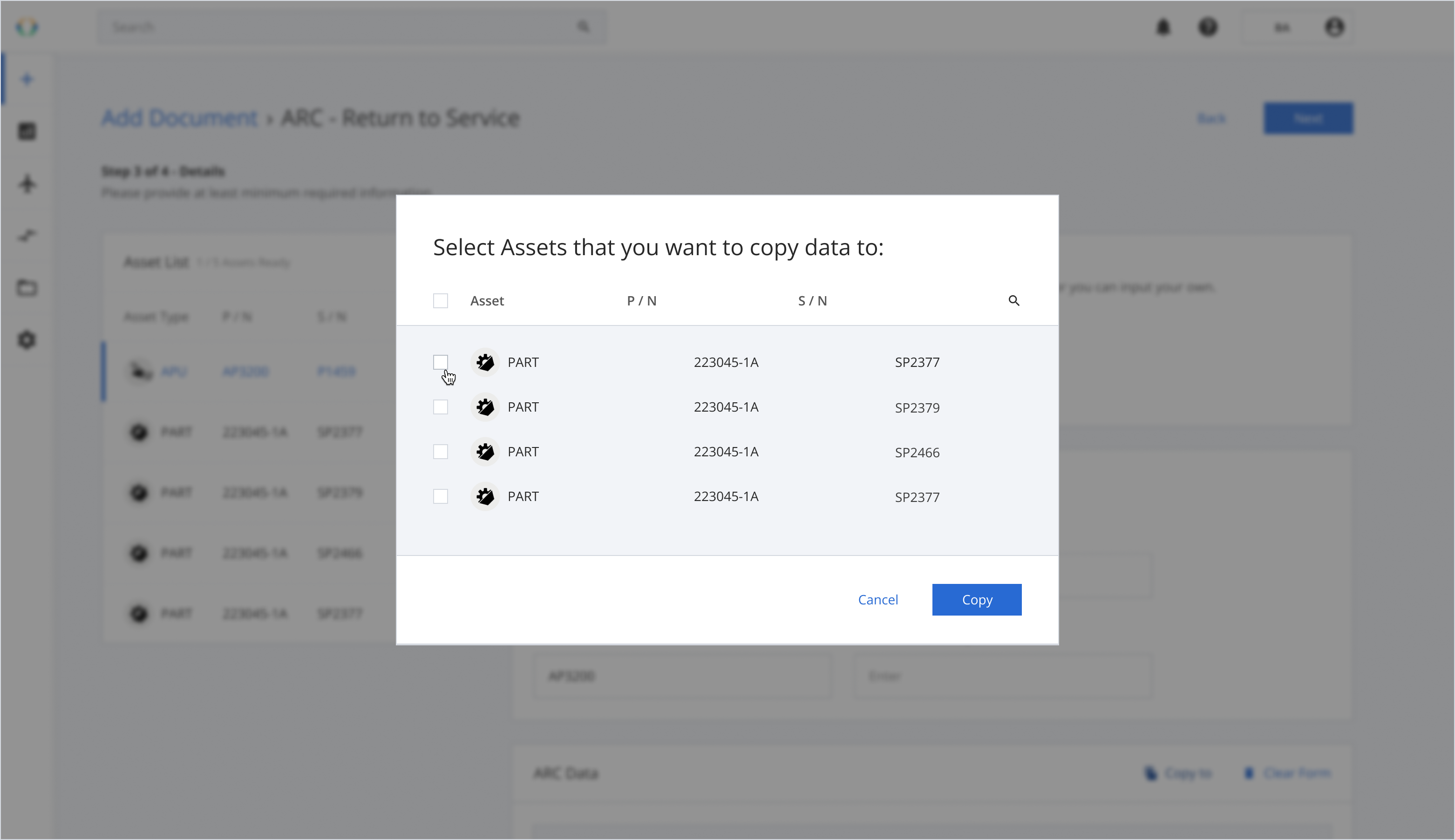 Select Assets to copy data