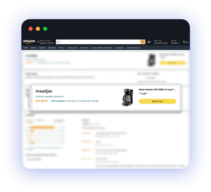 A screenshot of the ScrapeIN Amazon Data API response showing the seller profile category. The response presents product pricing information, including the product name, price, and availability on Amazon. The information is presented in a well-organized table format, ensuring clear readability and comprehension.
