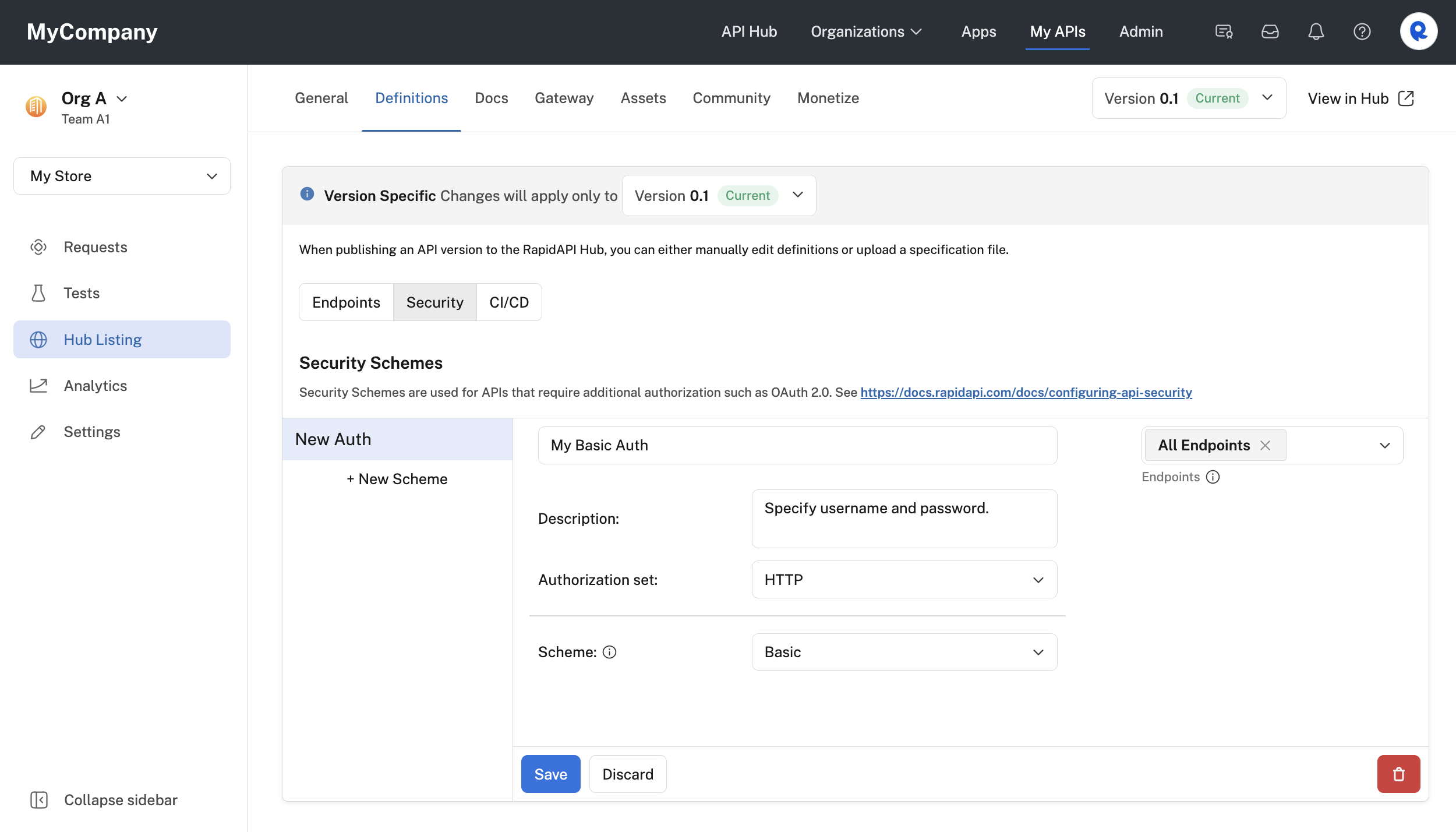 Configuring Basic auth for an API.