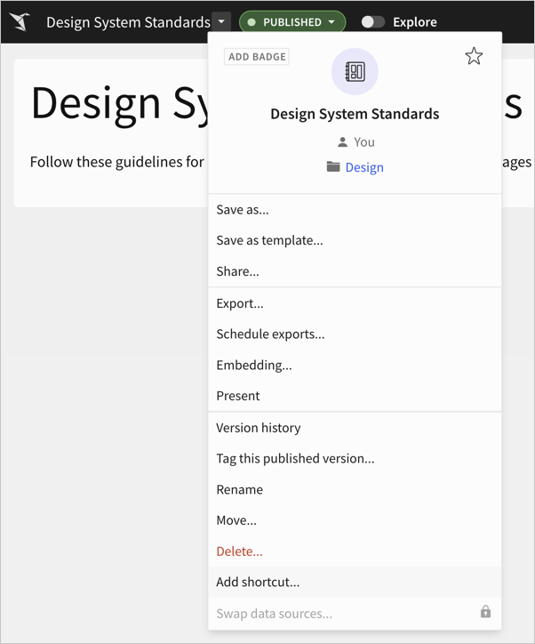 Document menu showing the option to add a shortcut. Depending on the document, the option might appear in a different place in the menu.