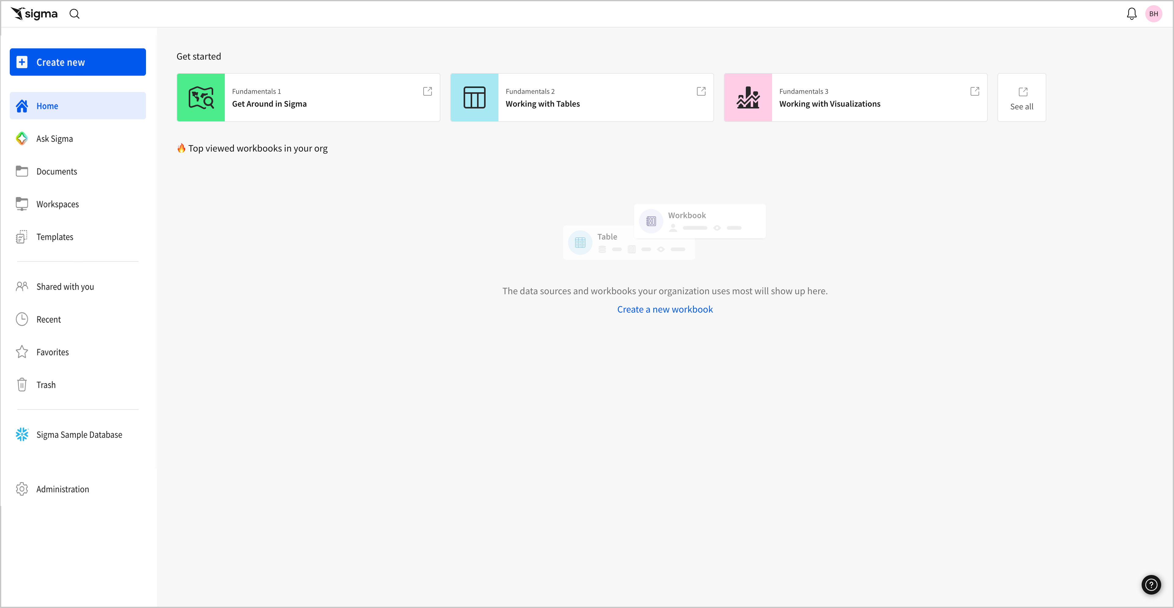 The Sigma home page. The left-hand navigation menu shows options for creating documents.
