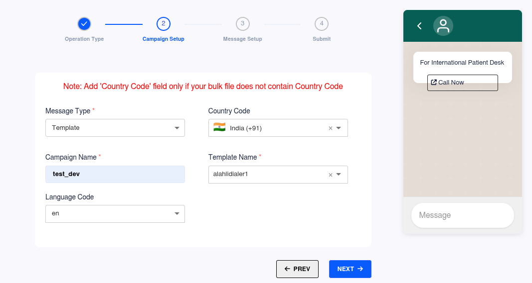 Campaign setup screen for multiple WhatsApp numbers