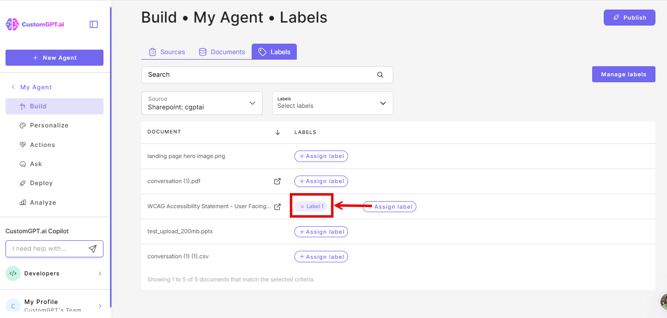 x on the label tag beside the document