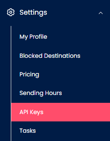 Screenshot of the TextPeak side menu fragment with the Settings > API Keys tab