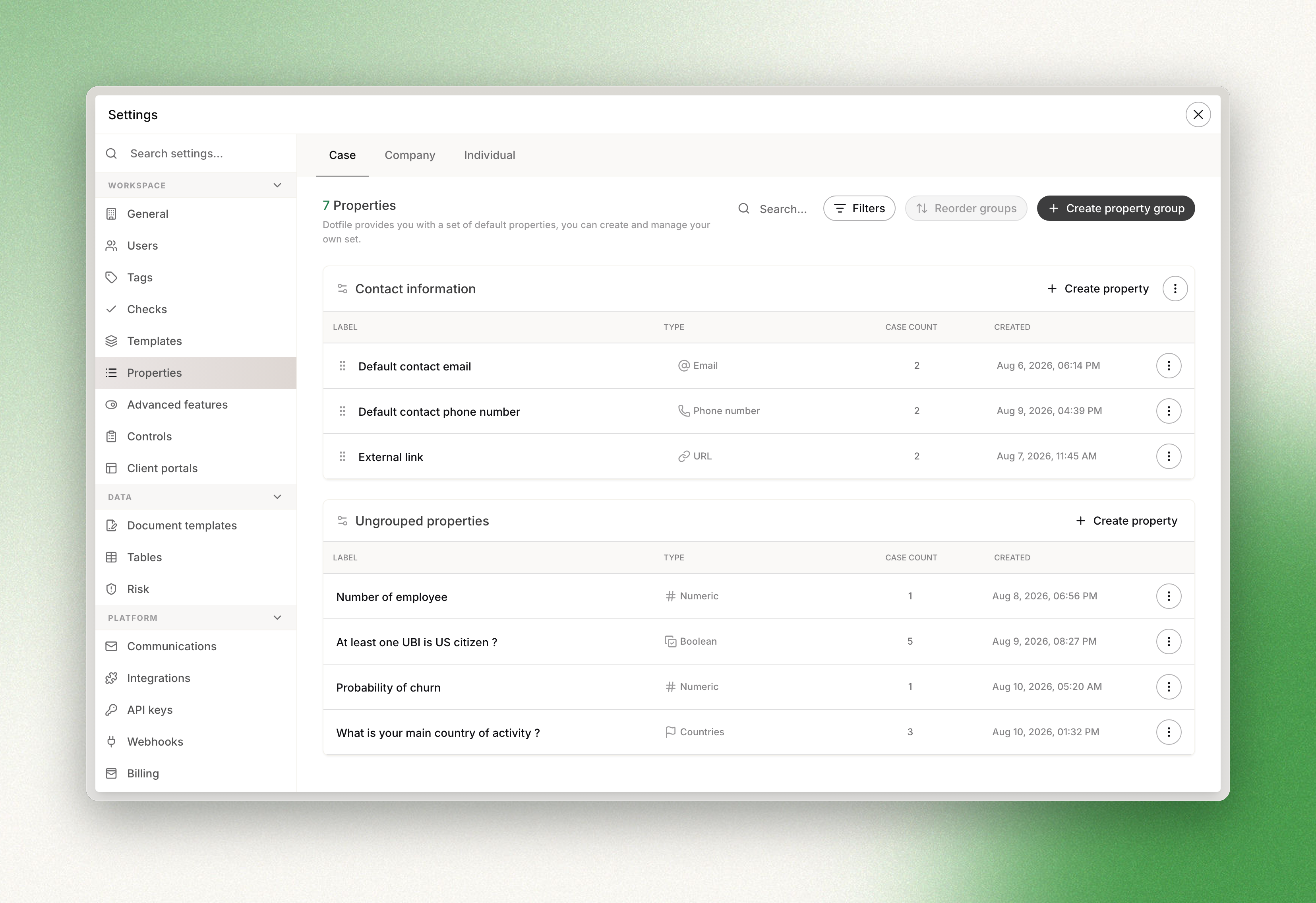 Workspace settings, Properties — the custom properties configured for cases, companies and individuals