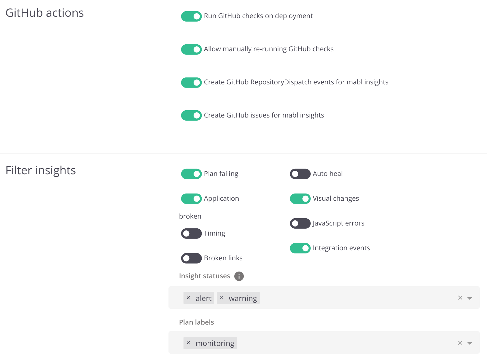 GitHub integrations settings screen