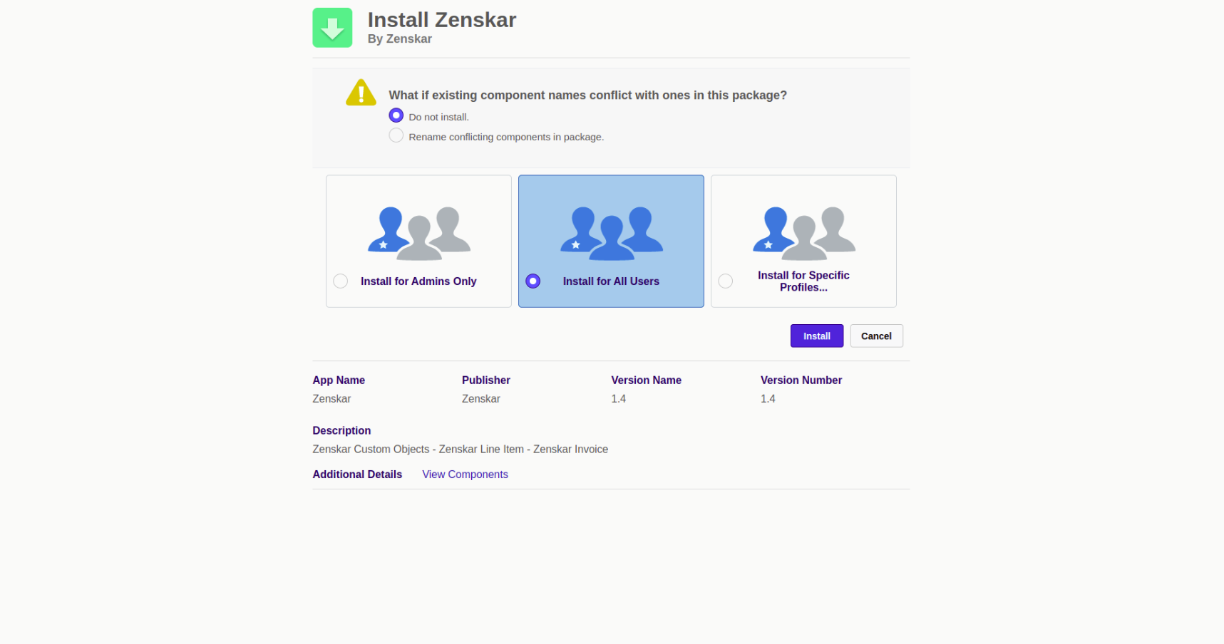 Fig. 1: Zenskar package for Salesforce: install options