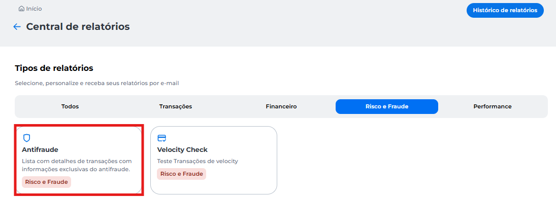 Clique em **Risco e Fraude** e selecione o relatório **Antifraude**