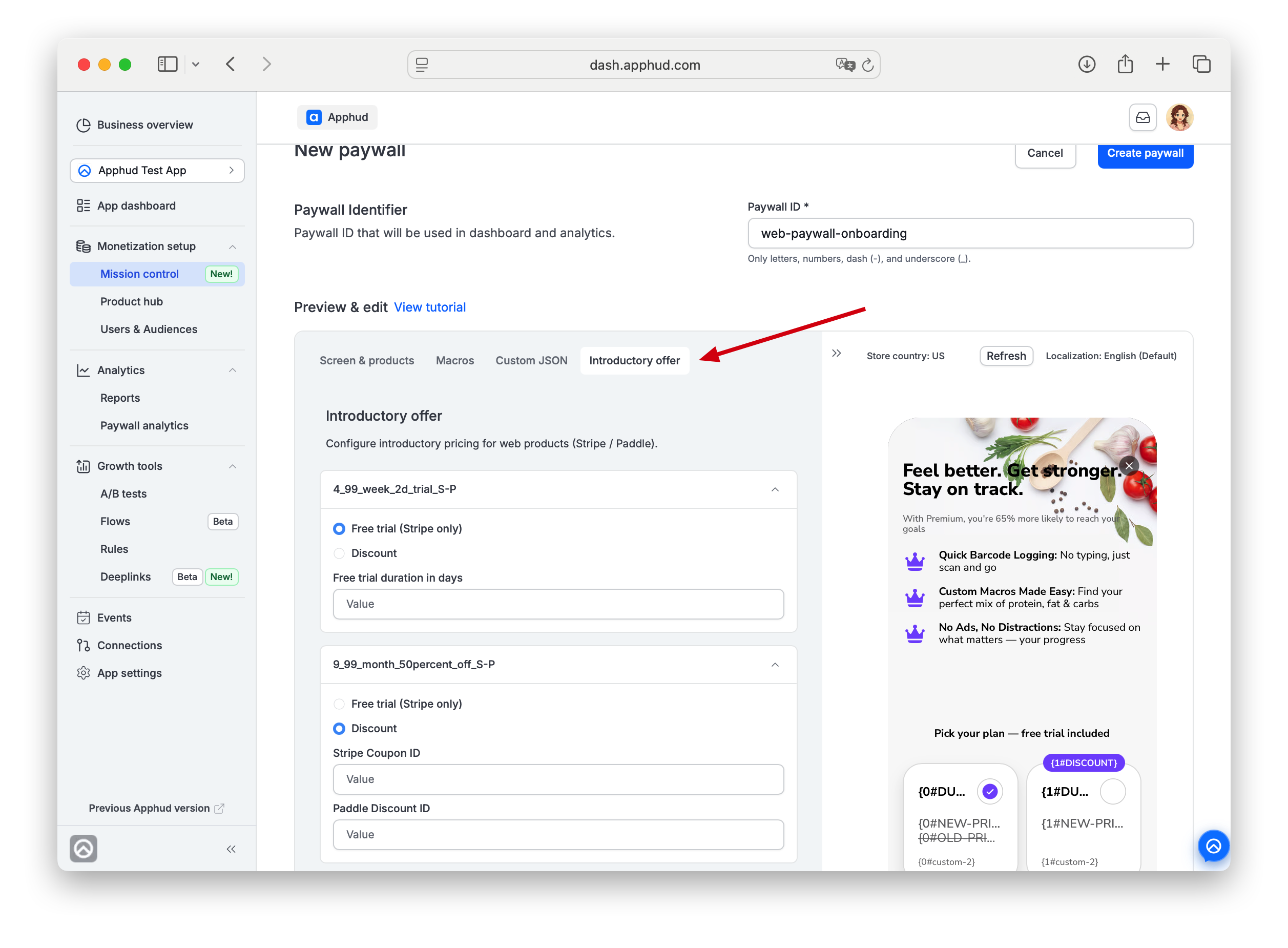 Apphud - Intro offers specification for Web paywall