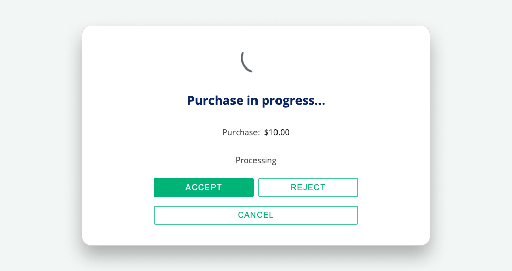 The transaction pop-up displays 'Accept' and 'Reject' buttons for the merchant to accept/reject the customer's signature.