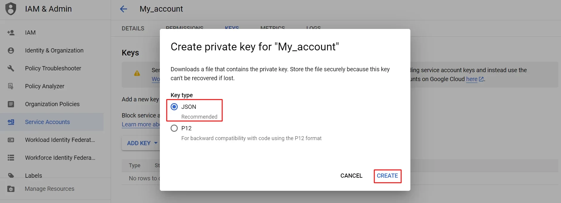 Select JSON key type