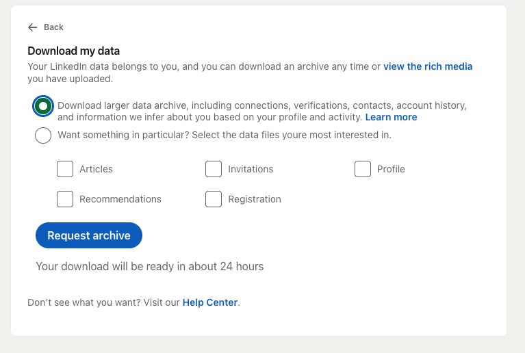 Download my data page