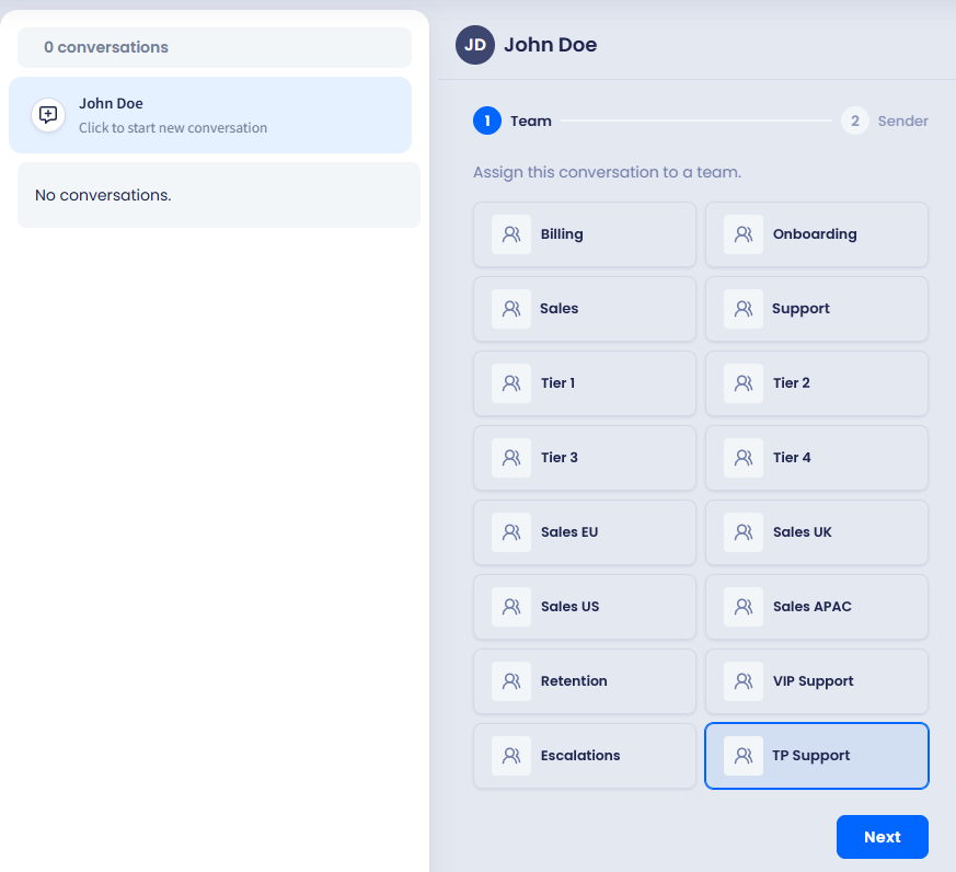 Screenshot of creating new conversation: selecting a team