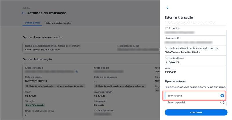 Janela com opções de estorno exibida; "Estorno total" selecionado e botão "Continuar" disponível para concluir o processo.