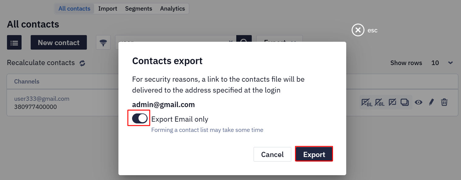Contacts export pop-up with Export Email only toggle and Export button