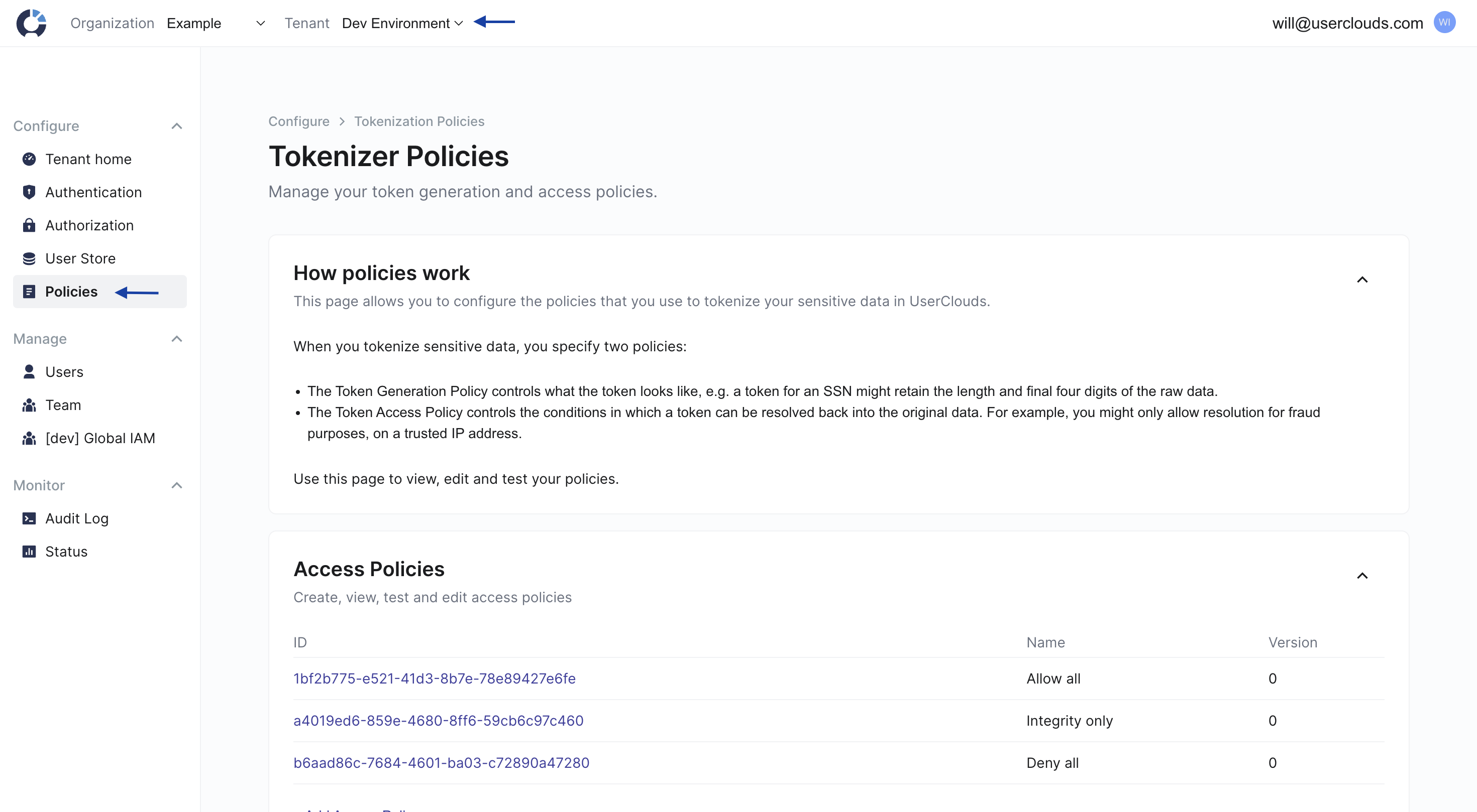 The Tokenizer Policies Page