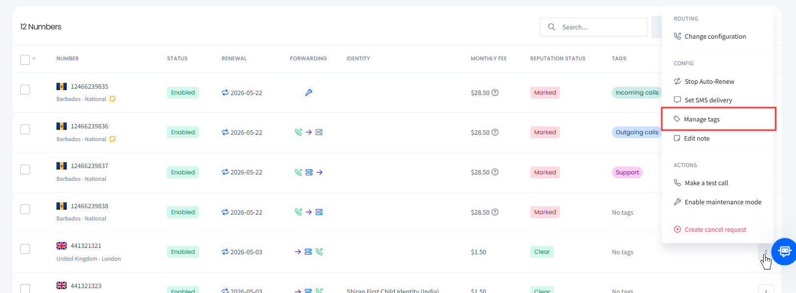 Screenshot of selecting the Manage tags action