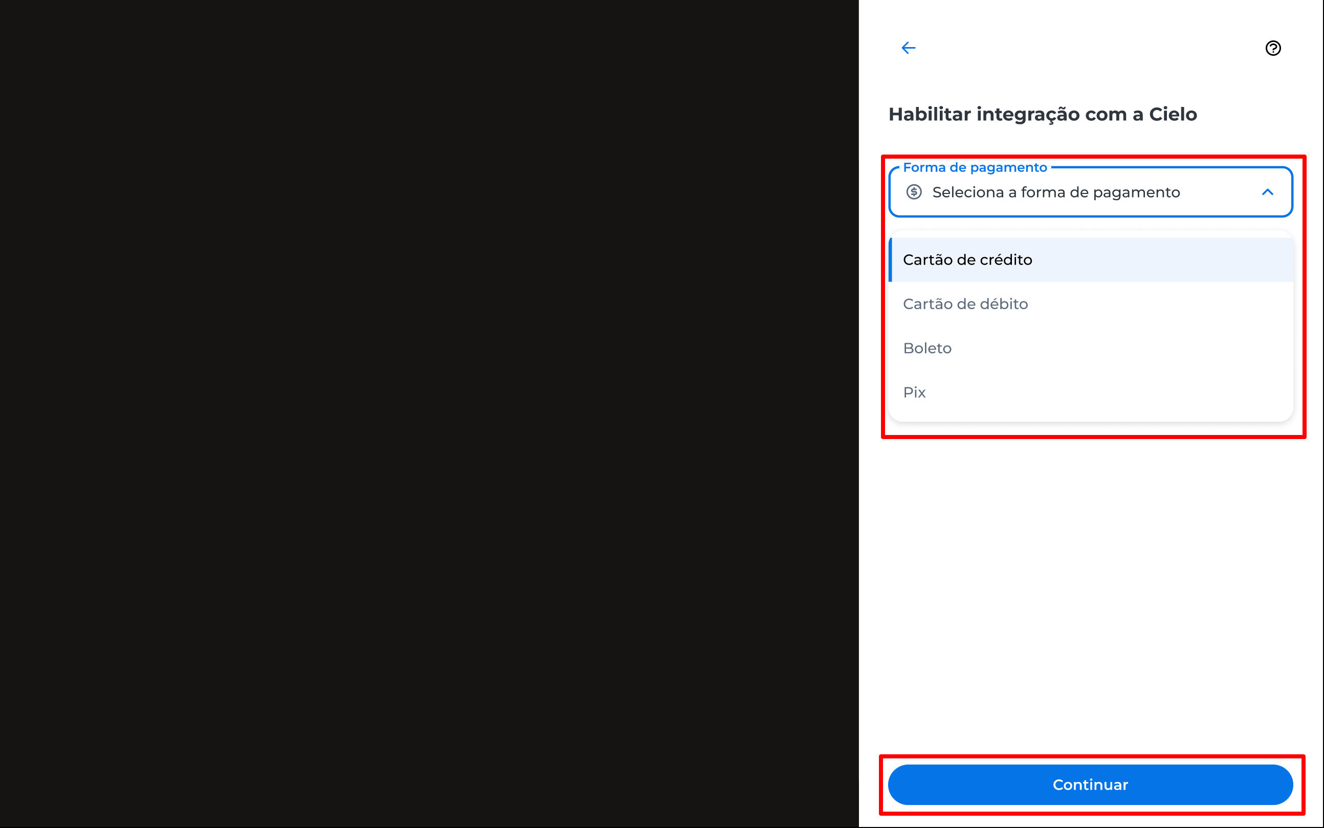 Janela exibindo lista de formas de pagamento disponíveis para habilitação, com o botão "Continuar" visível para seguir com a configuração.