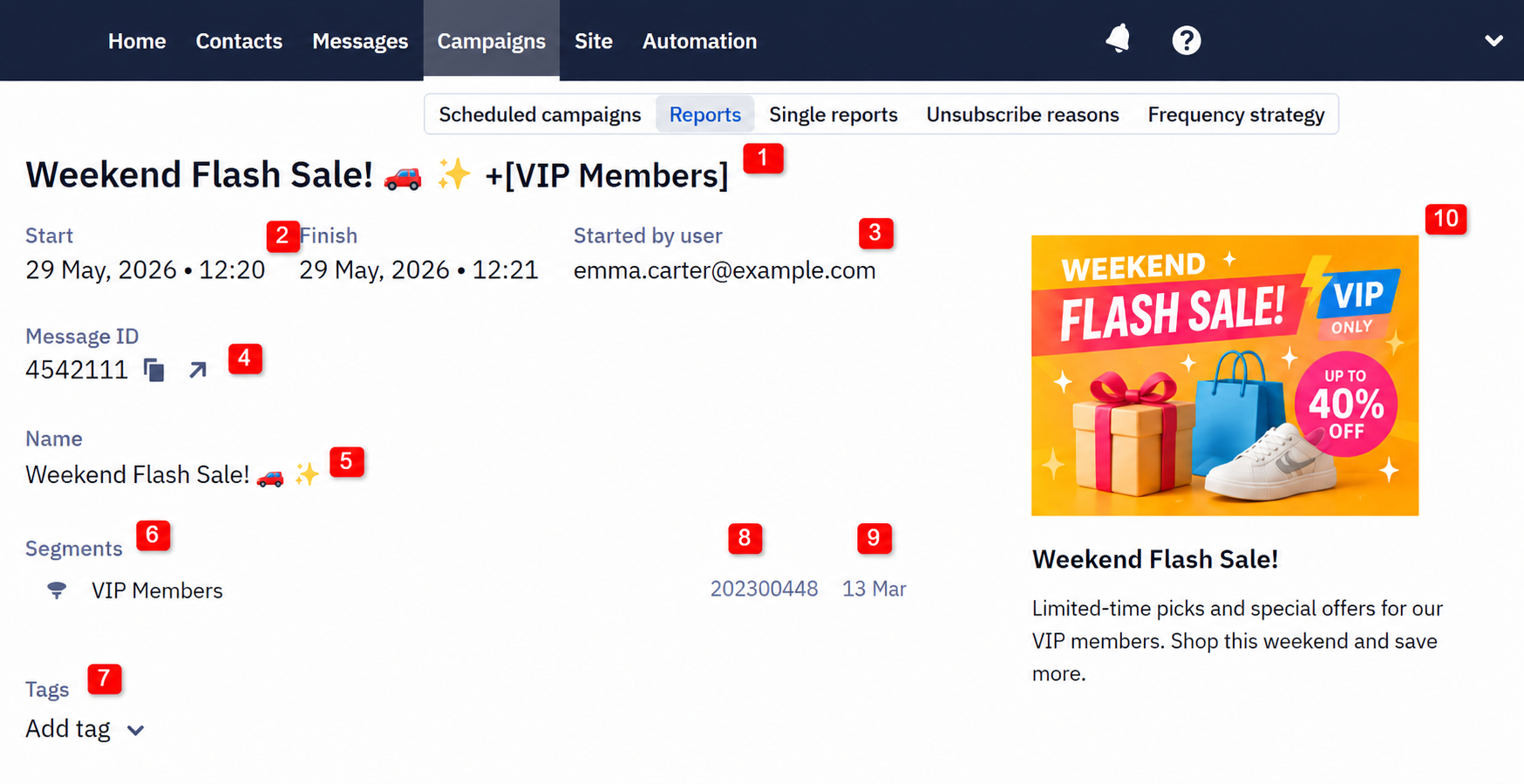 General information section of the App Inbox campaign report
