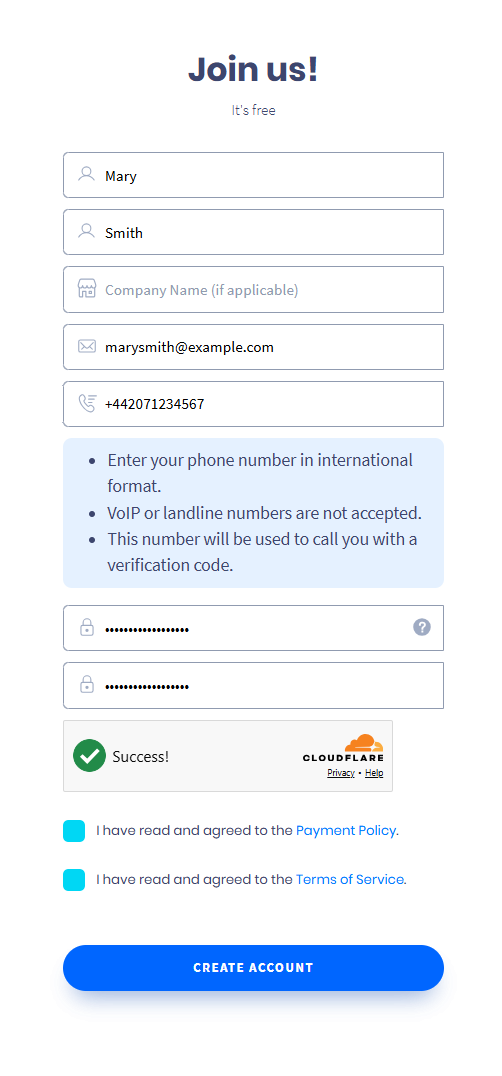 Screenshot of the Join Us form