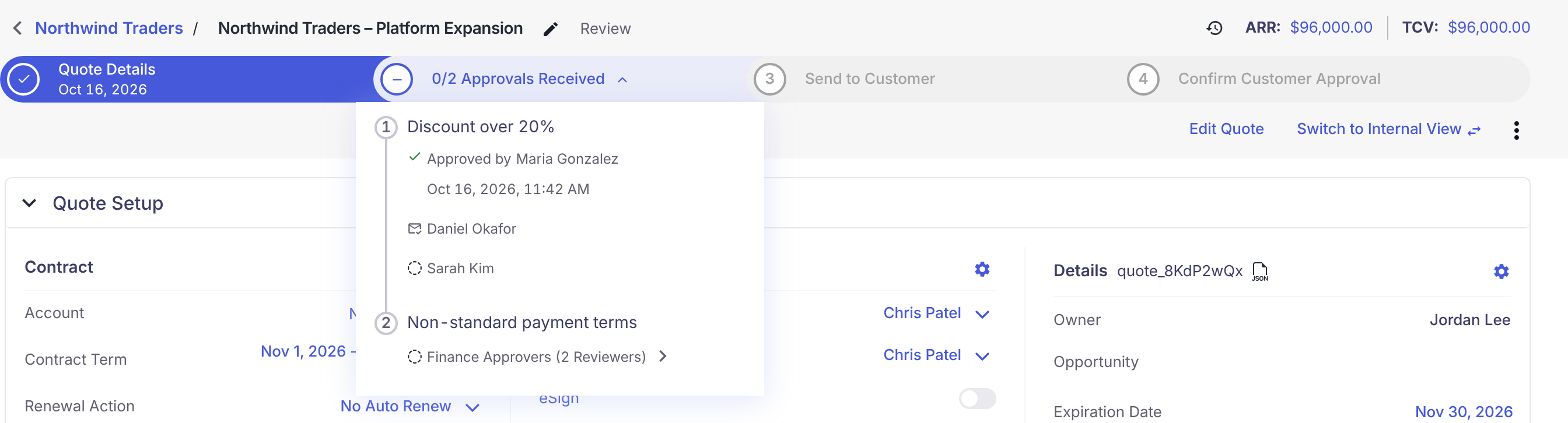 Quote in Review with "0/2 Approvals Received". Under rule 1 "Discount over 20%", the list shows "Approved by Maria Gonzalez, Oct 16, 2026, 11:42 AM" with a green check, Daniel Okafor with an envelope icon, and Sarah Kim with a dotted-circle icon. Rule 2 "Non-standard payment terms" shows "Finance Approvers (2 Reviewers)" with a dotted-circle icon.