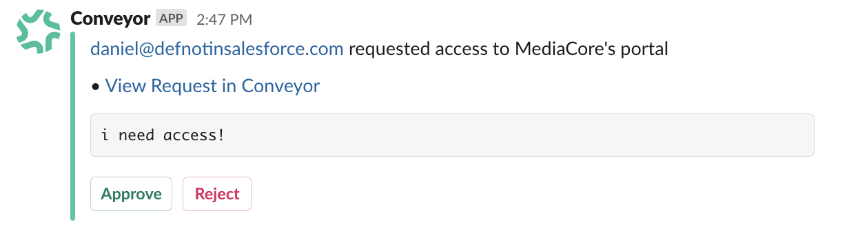 Example of the Trust Center access requests you'll see after running `/conveyor subscribe requests`