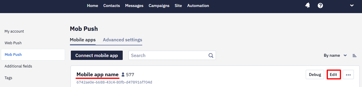 Mob Push page listing a connected mobile app with the Edit button highlighted