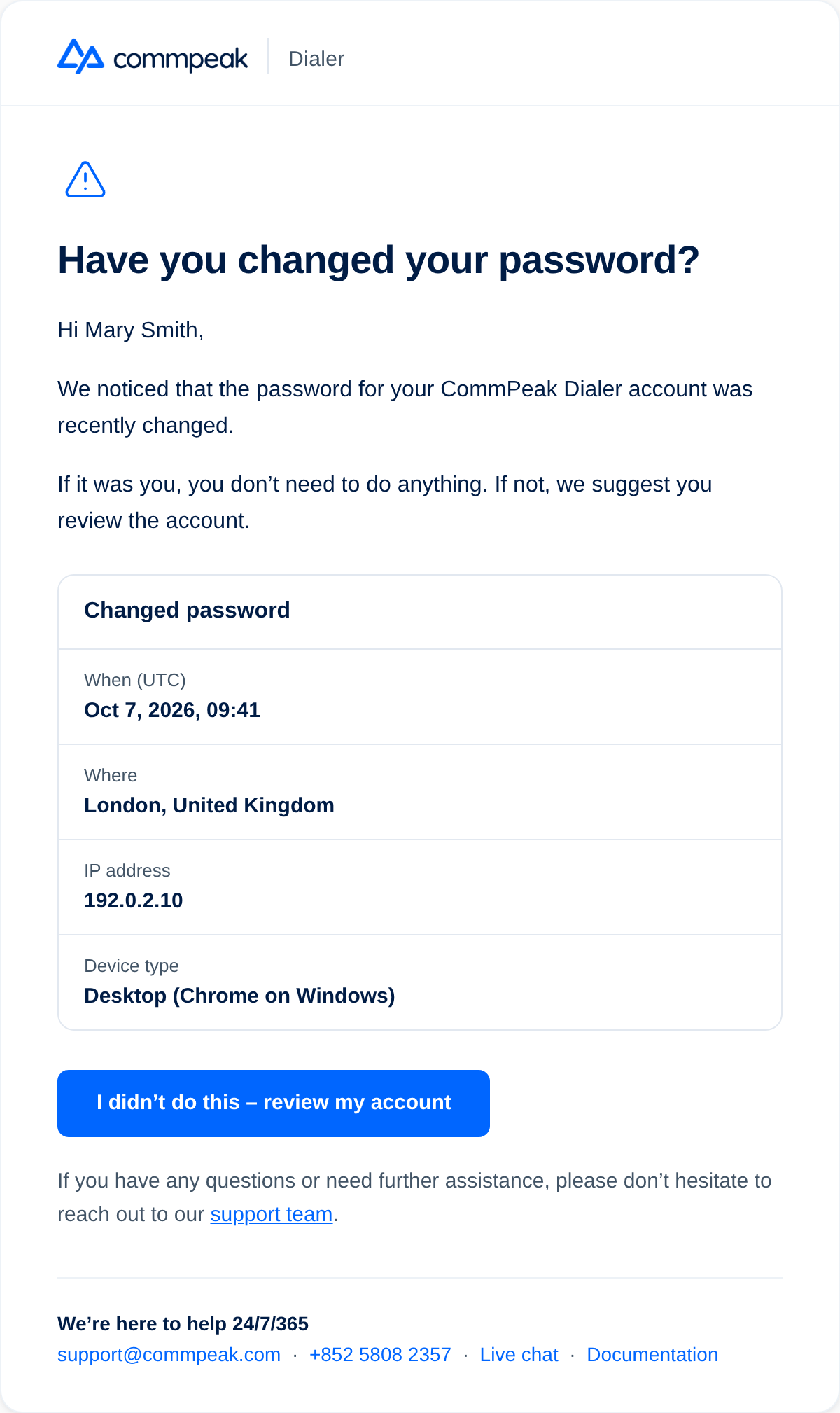 Screenshot of the changed password notification