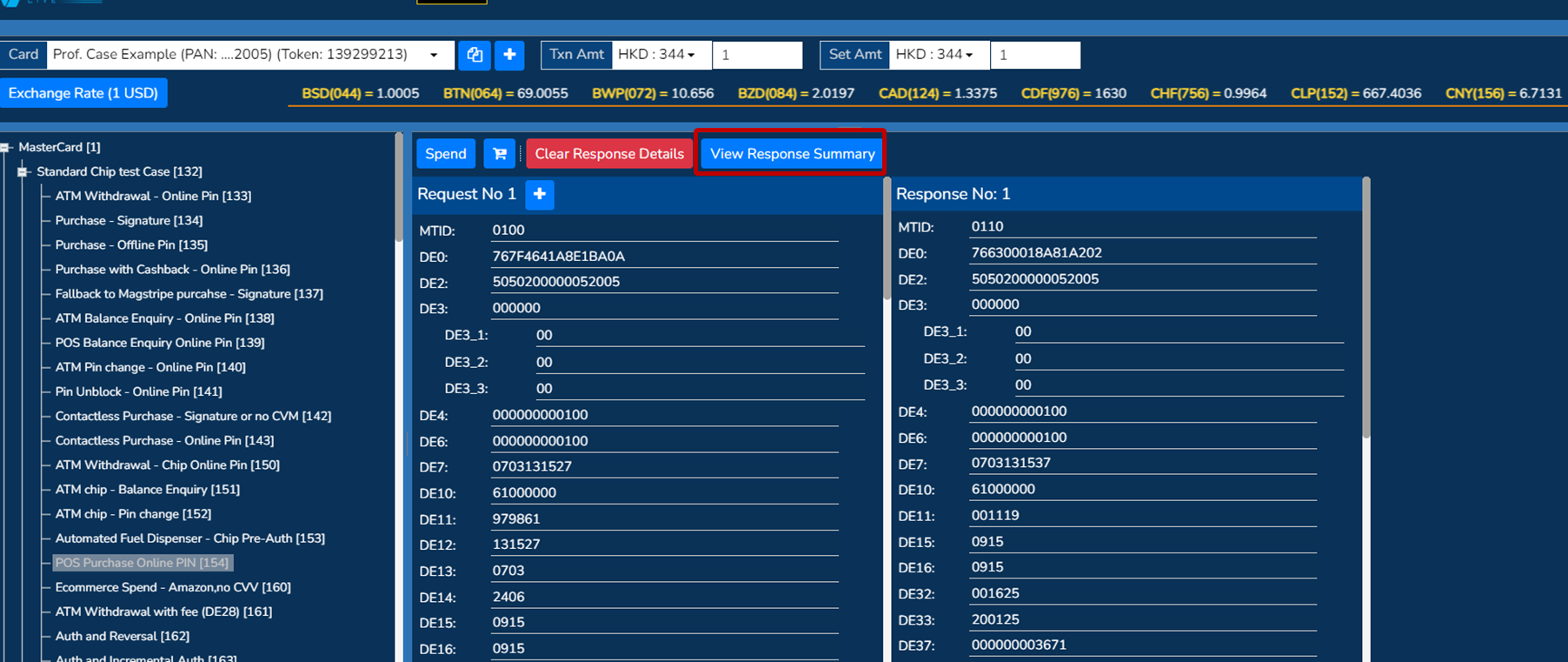 Test screen: view response summary