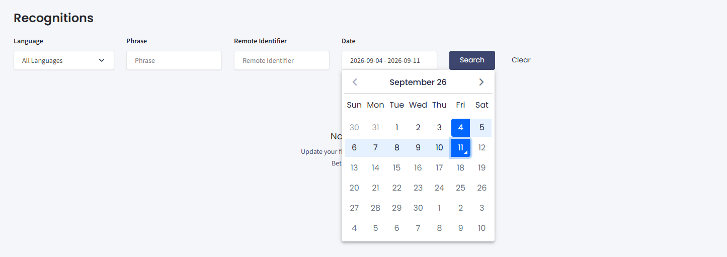 Screenshot of the Speech to text > Recognitions tab