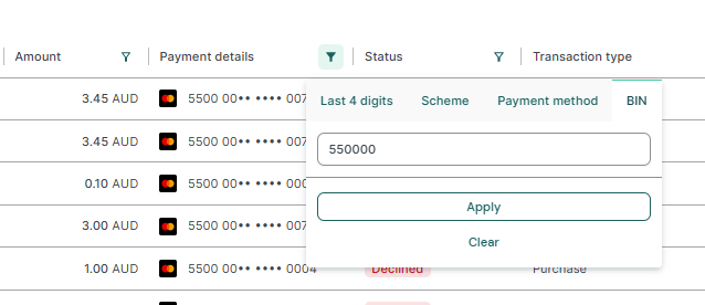 Transaction listing table- BIN filter